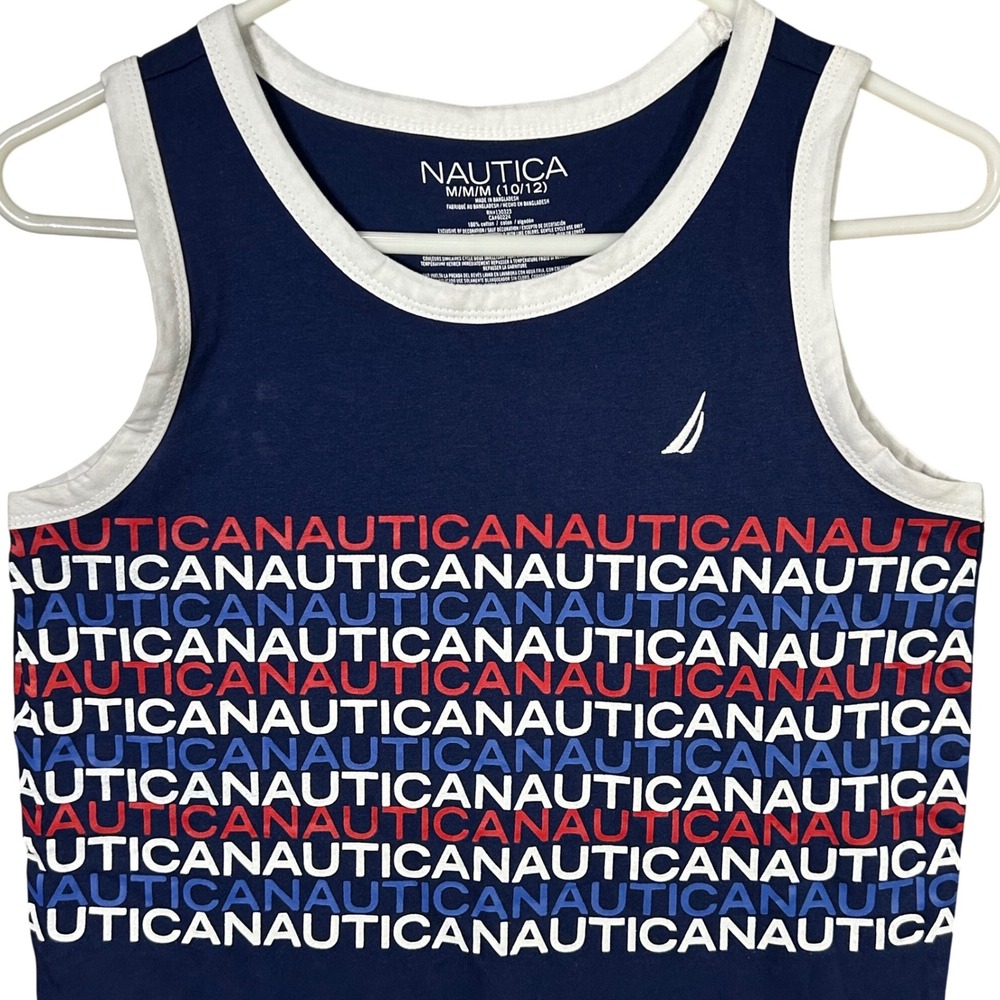 Nautica Kids Boys M 10/12 Blue Red White Logo Print Tank Top‎ Shirt